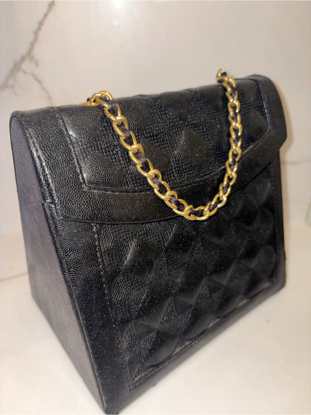 Vintage Avon Black Quilted Jewelry hand Bag with Gold Chain